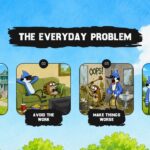 Regular Show Everyday Problem Steps Template - five radial content cards over chaotic sci-fi illustrated background