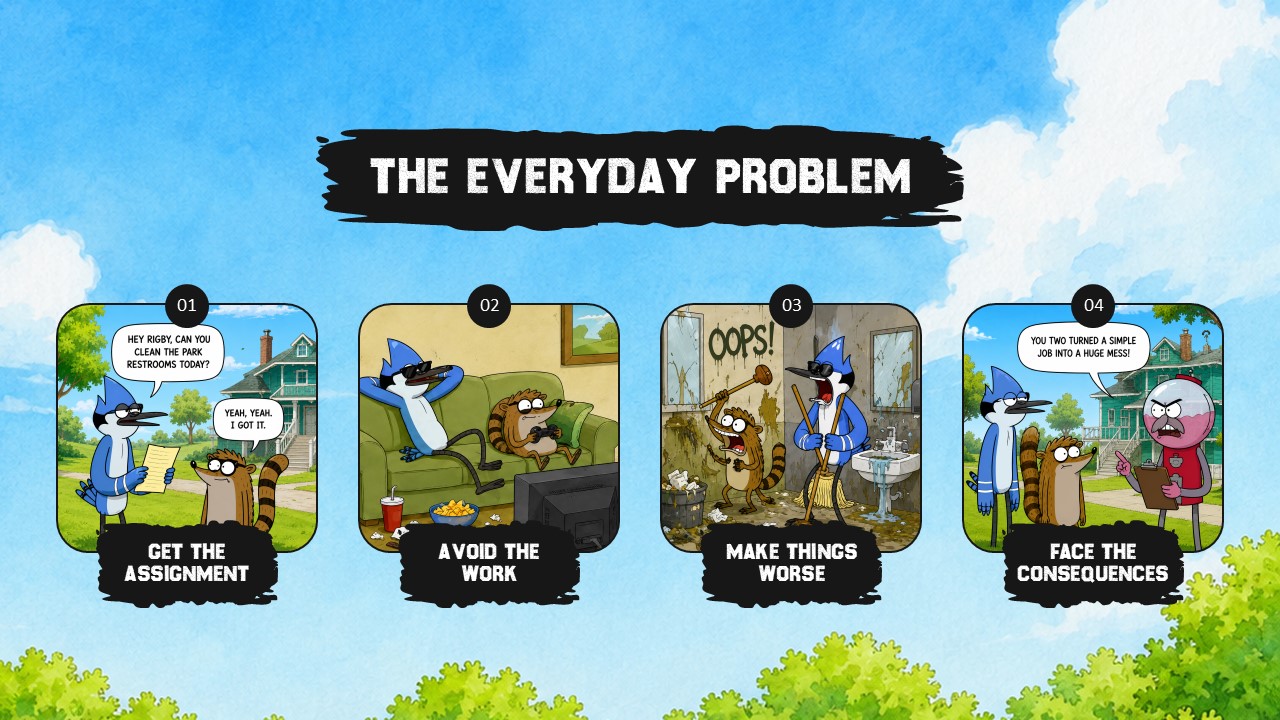 Regular Show Everyday Problem Steps Template - five radial content cards over chaotic sci-fi illustrated background
