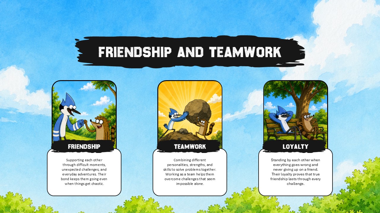 Regular Show Friendship and Teamwork Template - four-quadrant layout with central character illustration