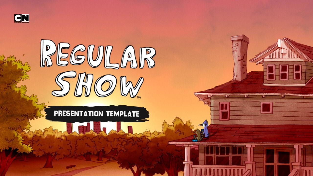 Regular Show Google Slides Template - five-column character card layout with park background and intro text