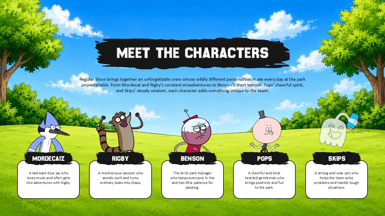 Regular Show Meet the Characters Template - aerial park cityscape with centered welcome title banner