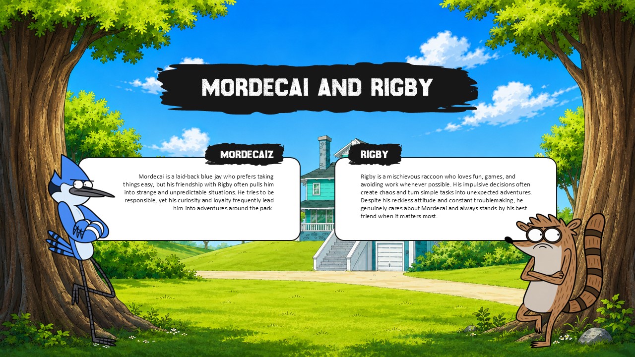 Regular Show Mordecai and Rigby Template - four-step process flow with numbered scene image cards