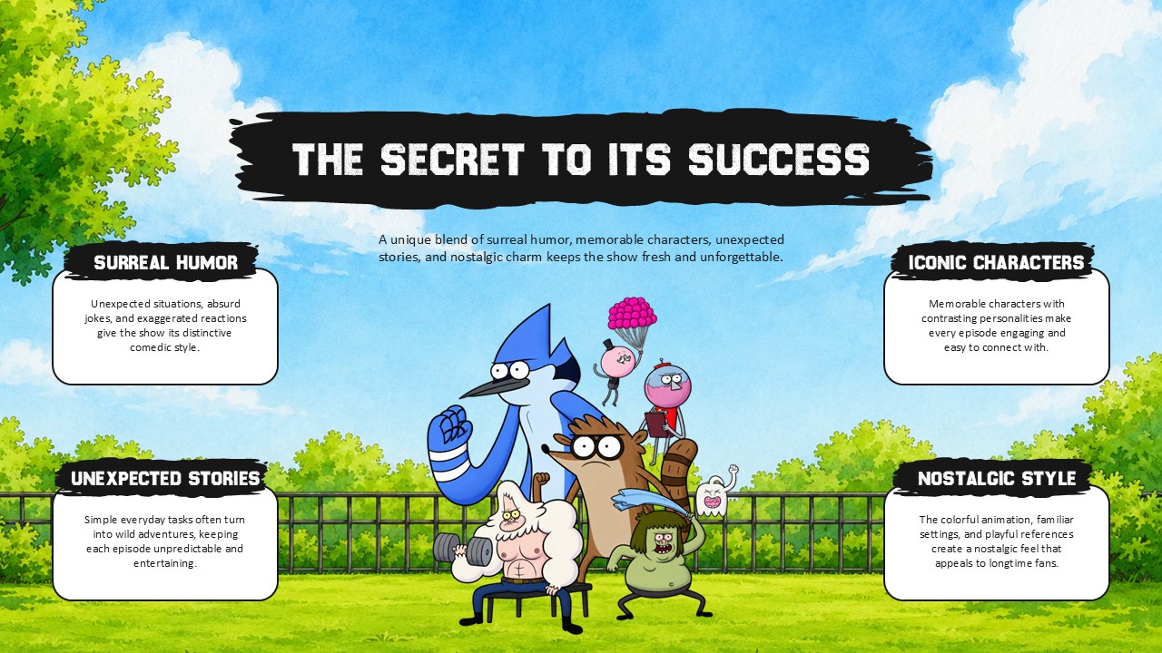 Regular Show Secret to Success Template - four success factor cards surrounding central character group image