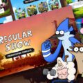 Regular Show Template - cover slide with cartoon house illustration and bold title on warm sunset background