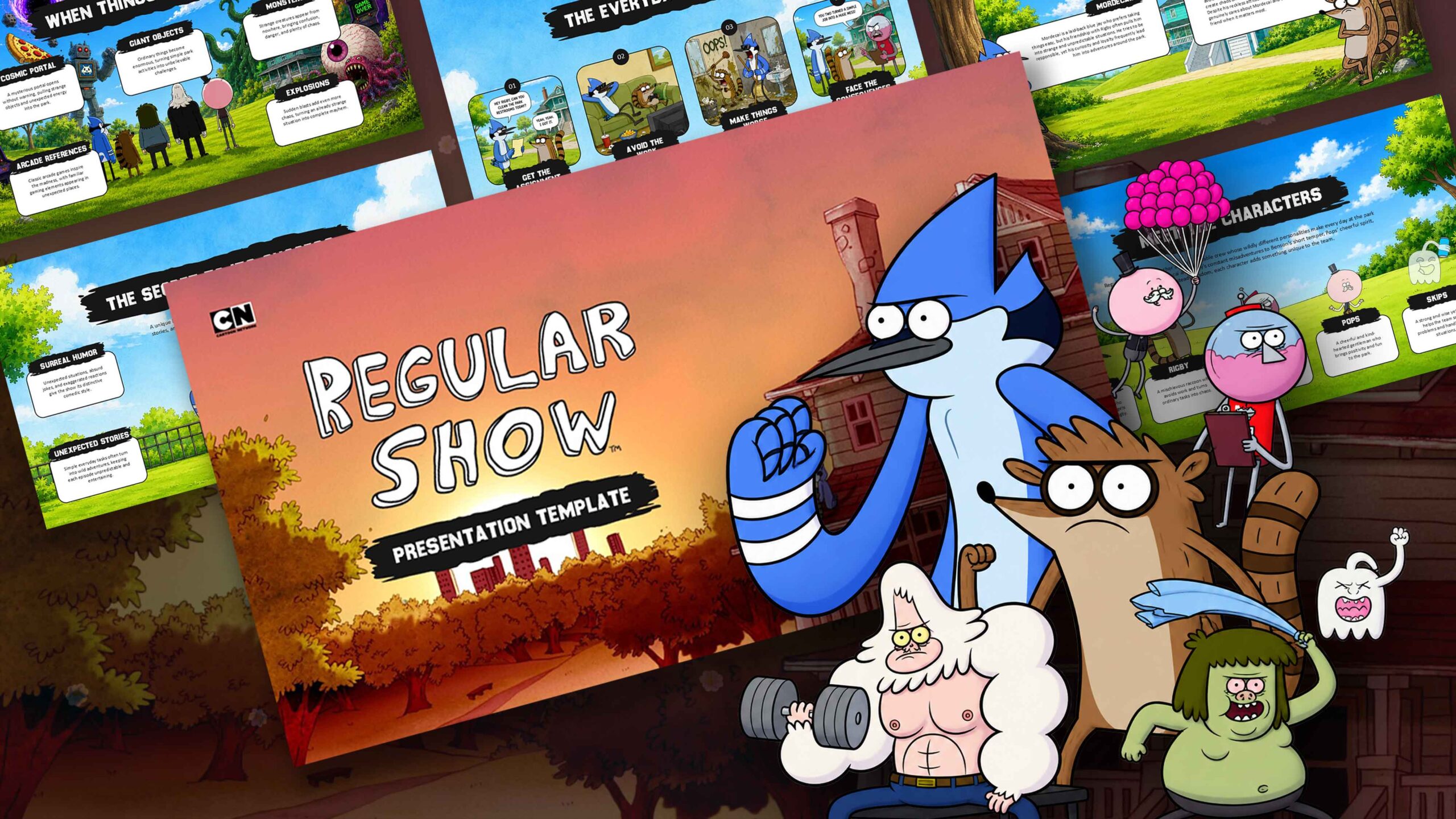 Regular Show Template - cover slide with cartoon house illustration and bold title on warm sunset background