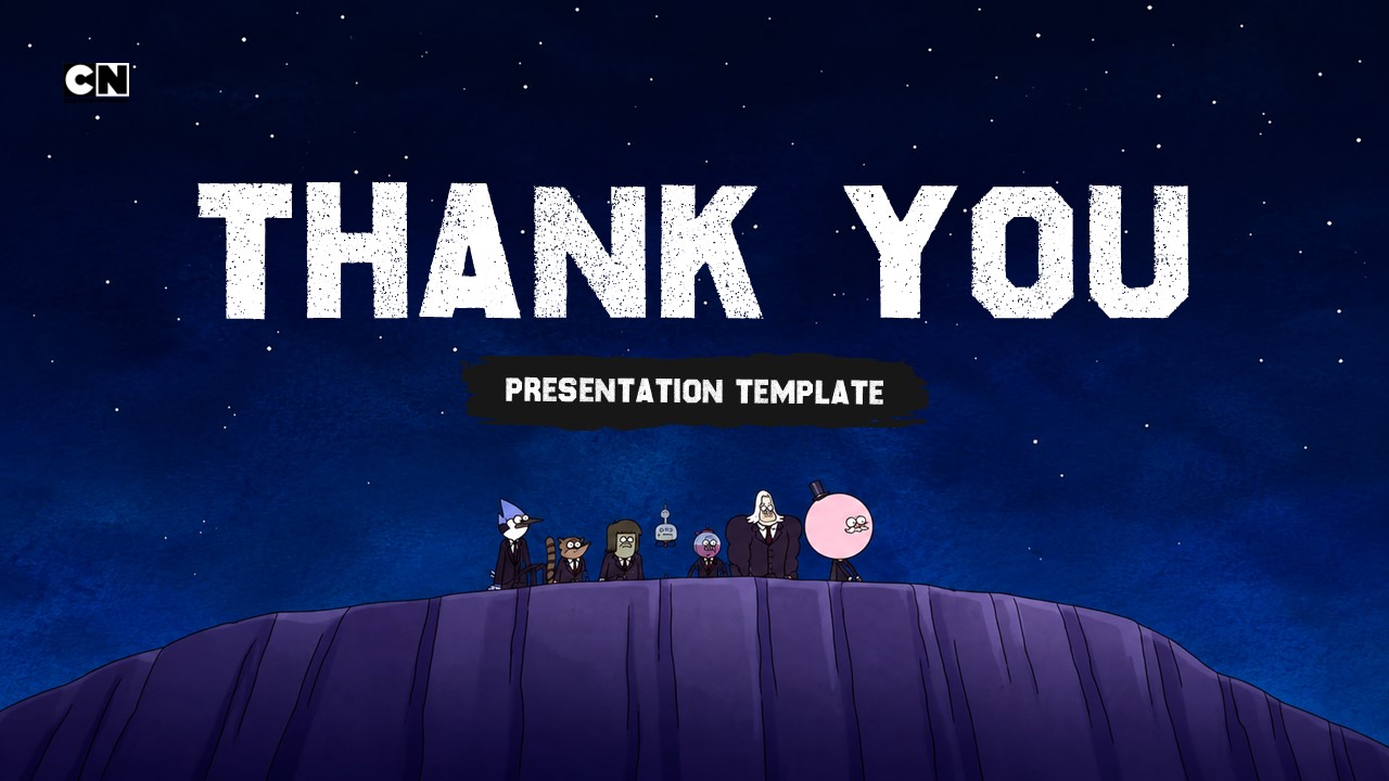 Regular Show Thank You Template - closing slide with bold white title on deep night sky and character group silhouette
