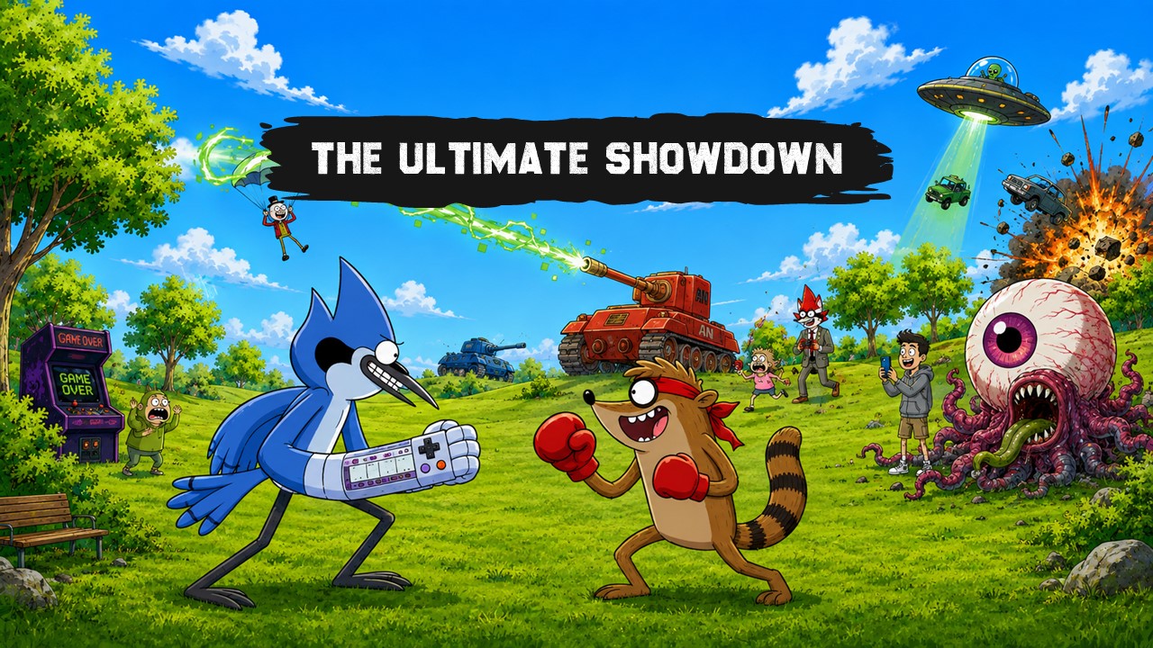 Regular Show Ultimate Showdown Template - three-column card layout with friendship and teamwork theme values