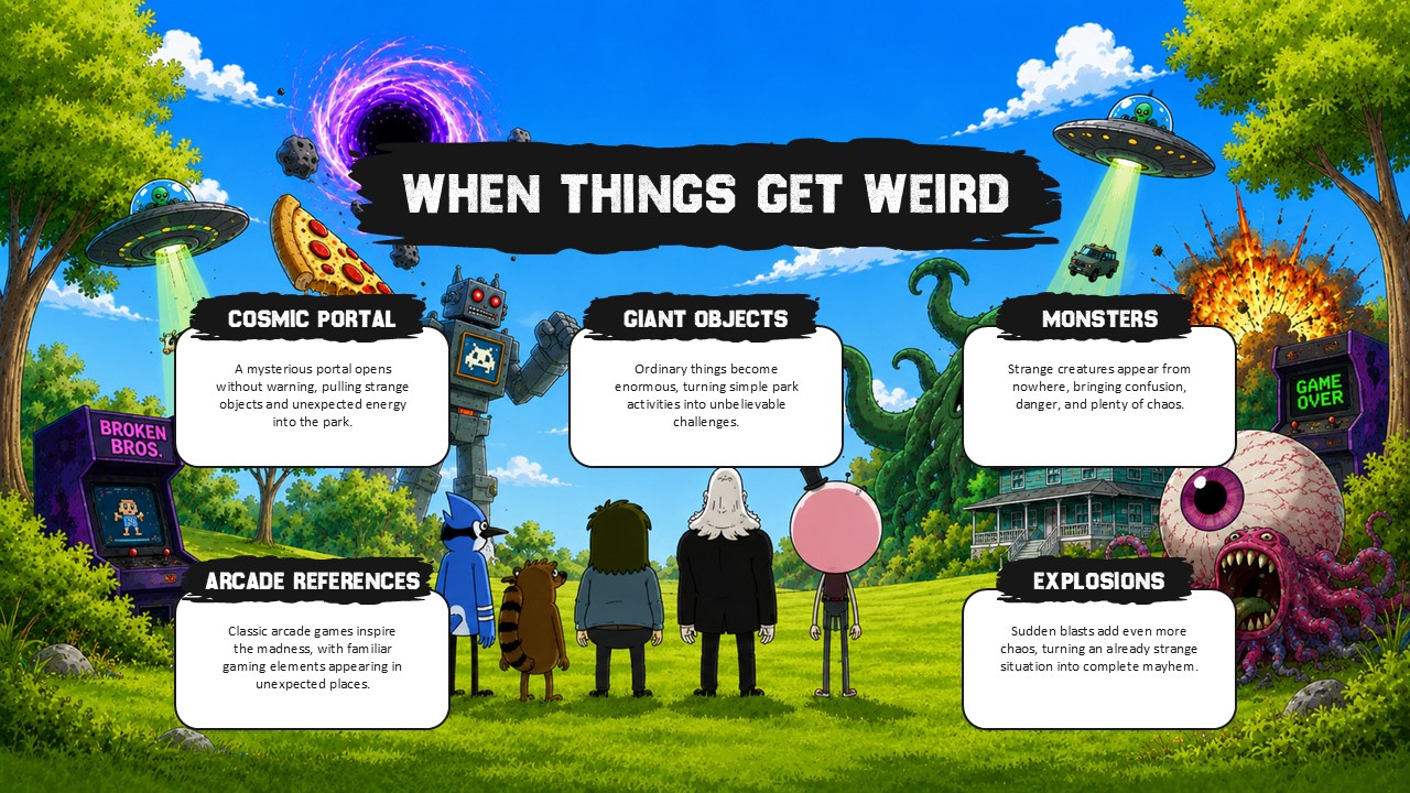 Regular Show When Things Get Weird Template - full-bleed action scene section divider with single title banner