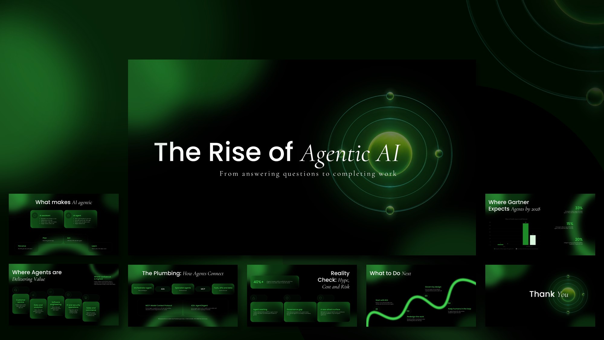 Rise of Agentic AI Template - dark cover slide with orbital graphic