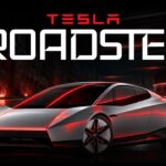 Tesla Roadster Template - Agenda slide with five sections, rear car view, and three photo thumbnails on dark background