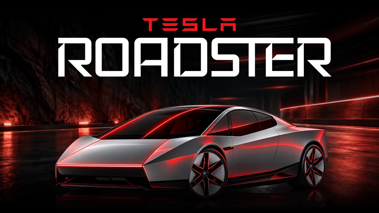 Tesla Roadster Template - Agenda slide with five sections, rear car view, and three photo thumbnails on dark background