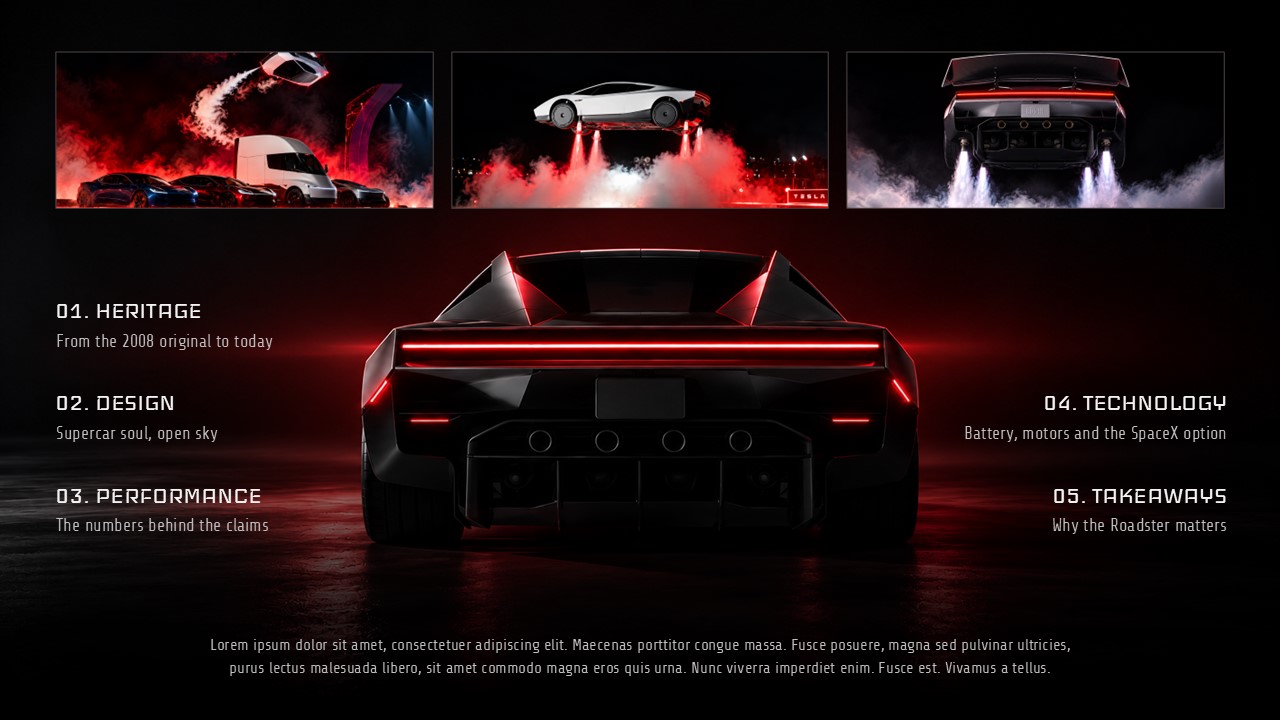 Tesla Roadster Template - Heritage timeline slide with four milestone cards from 2008 launch to next-gen reveal
