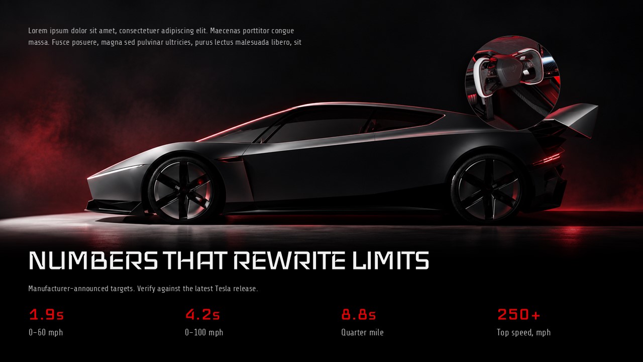 Tesla Roadster Template - Technical specs slide listing 200 kWh battery, tri-motor AWD, and SpaceX option package