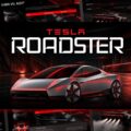Tesla Roadster Template - Cinematic cover slide with bold ROADSTER title and red-lit concept car on black background