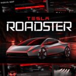 Tesla Roadster Template - Cinematic cover slide with bold ROADSTER title and red-lit concept car on black background