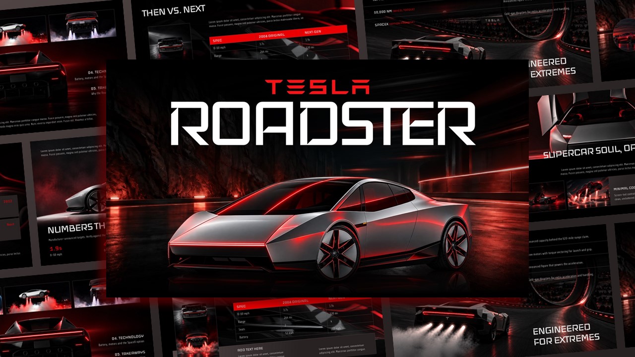 Tesla Roadster Template - Cinematic cover slide with bold ROADSTER title and red-lit concept car on black background