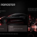 Tesla Roadster Template - Closing slide with red Roadster, THE FUTURE IS FAST headline, and contact info placeholder