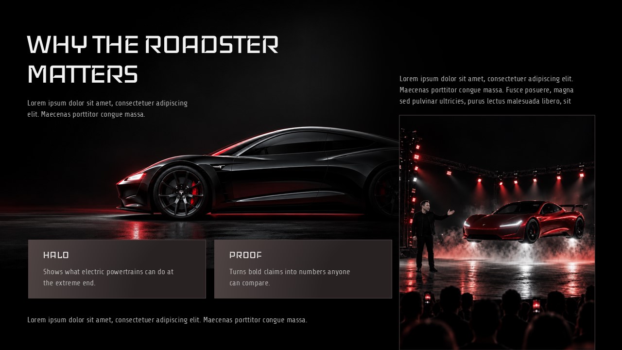 Tesla Roadster Template - Closing slide with red Roadster, THE FUTURE IS FAST headline, and contact info placeholder