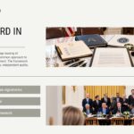 White House AI Accord numbers slide - Three stat bars highlight 6 signatories, 4 control layers, and 1 framework