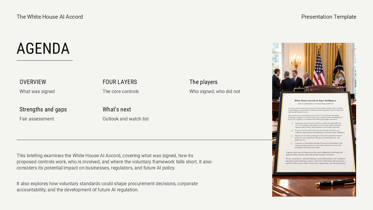 White House AI Accord agenda slide - Six-item policy briefing roadmap with signing ceremony photograph