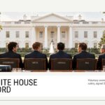 White House AI Accord Template cover slide - Six AI executives seated before the White House with bold policy headline