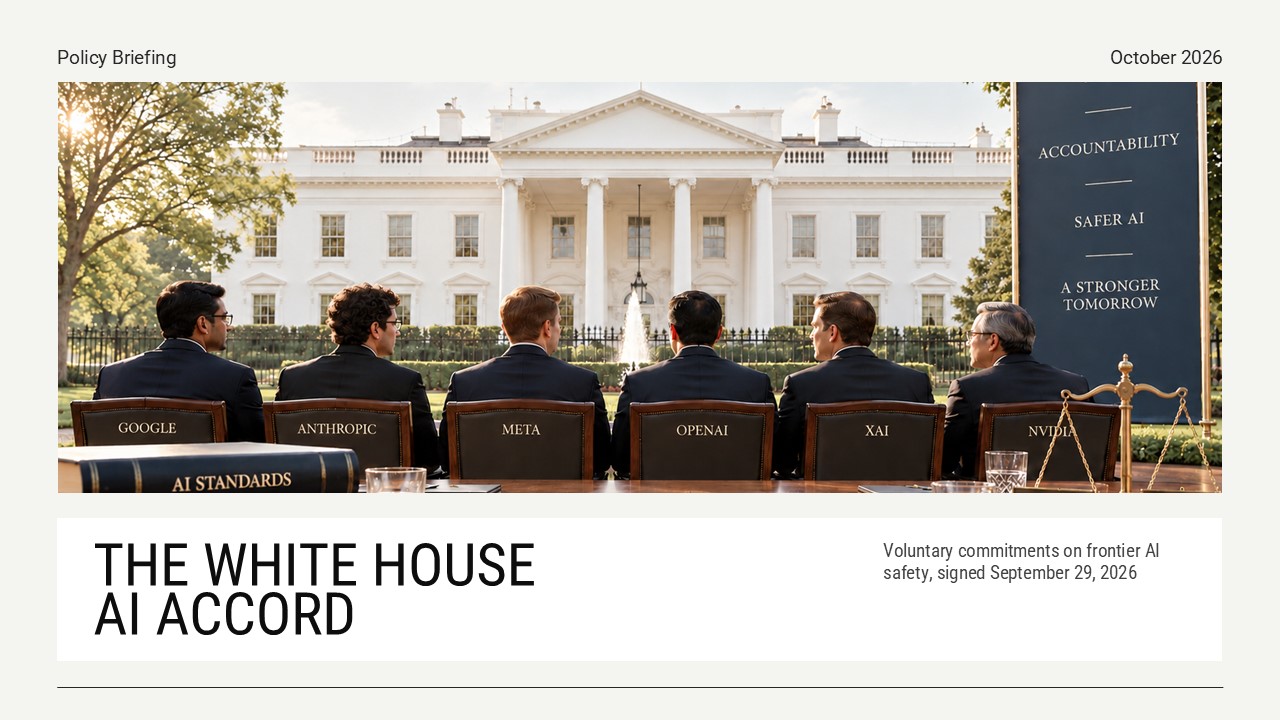 White House AI Accord Template cover slide - Six AI executives seated before the White House with bold policy headline
