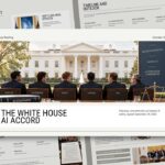 White House AI Accord Template - Fan layout preview of 11 editorial policy slides in cream and charcoal