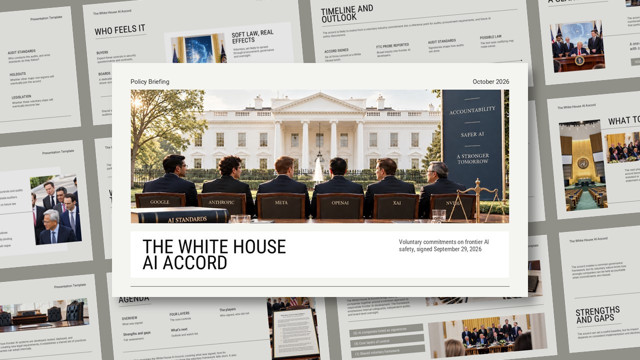 White House AI Accord Template - Fan layout preview of 11 editorial policy slides in cream and charcoal