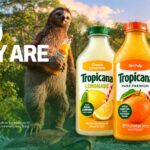 Tropicana Brand Identity Template - Sloth mascot, jungle backdrop, and three product bottles showcased