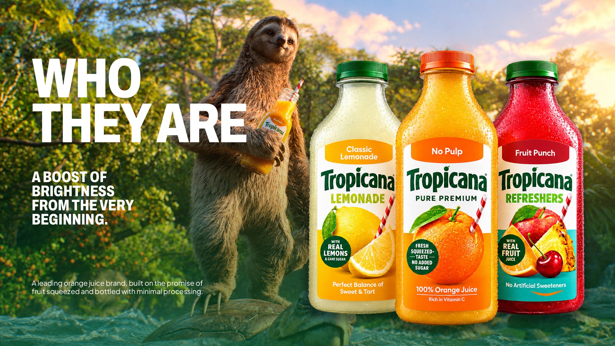 Tropicana Brand Identity Template - Sloth mascot, jungle backdrop, and three product bottles showcased