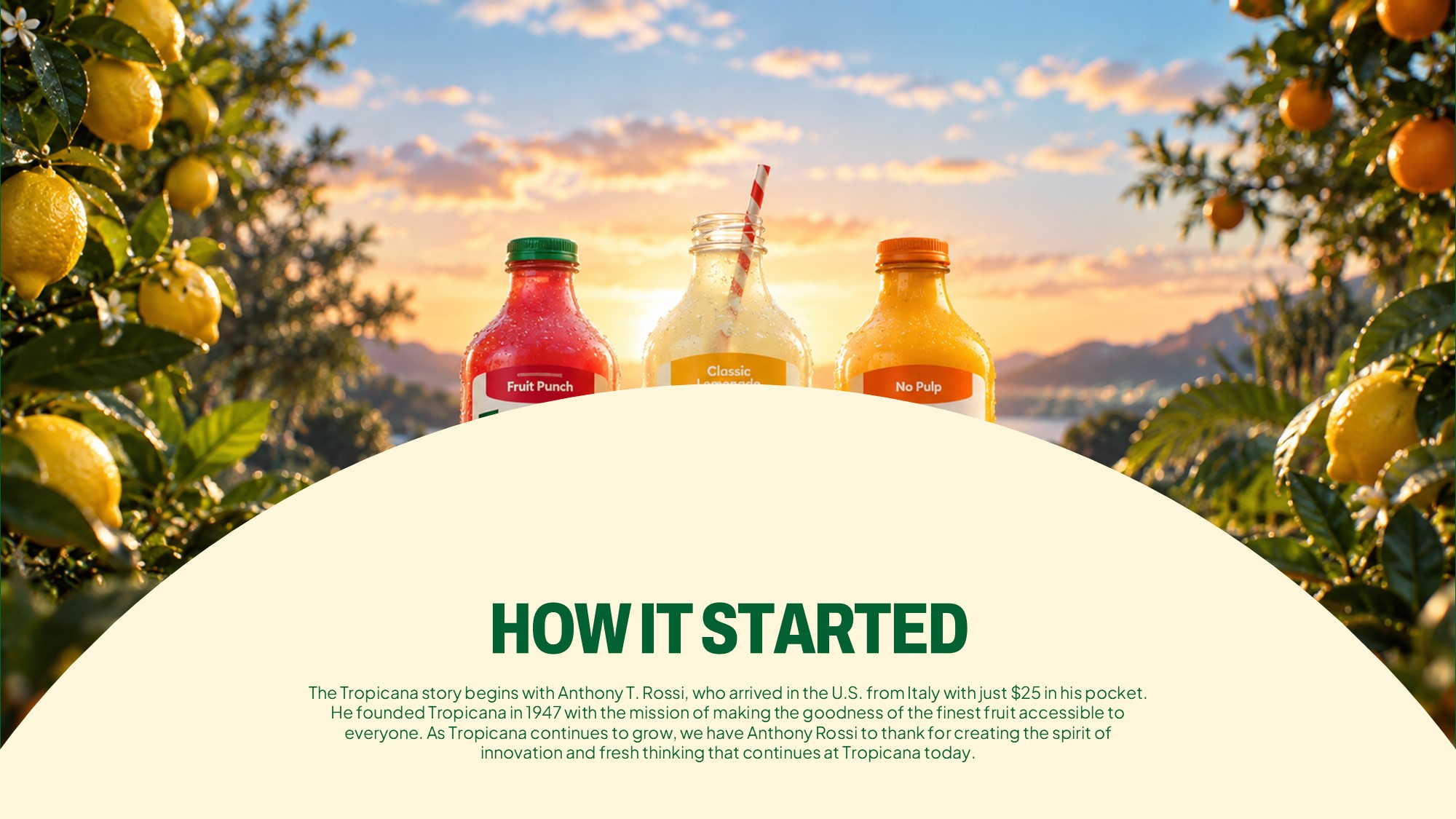 Tropicana Founding Origins Template - Vintage Rossi photo beside 1940s brand milestone timeline