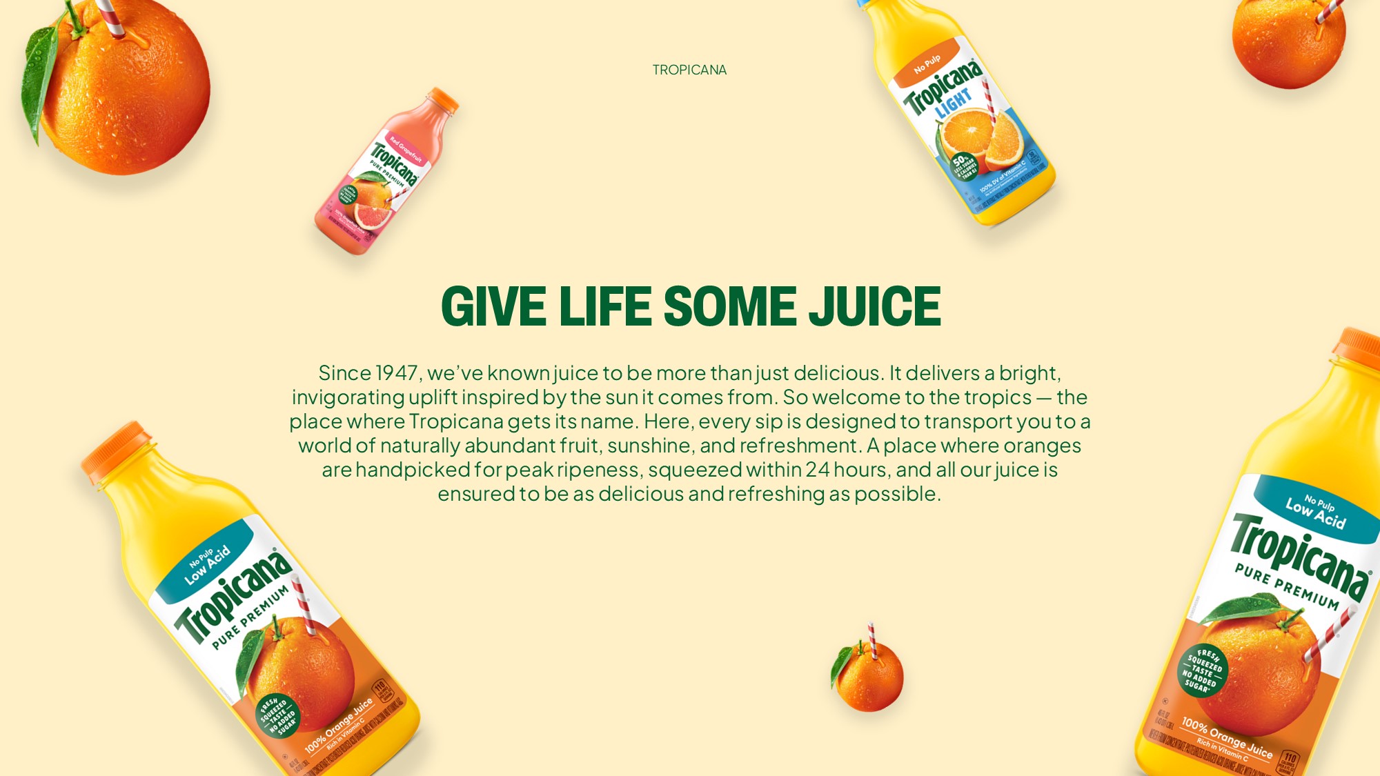 Tropicana Google Slides Template - Brand story slide with floating bottles on warm cream background