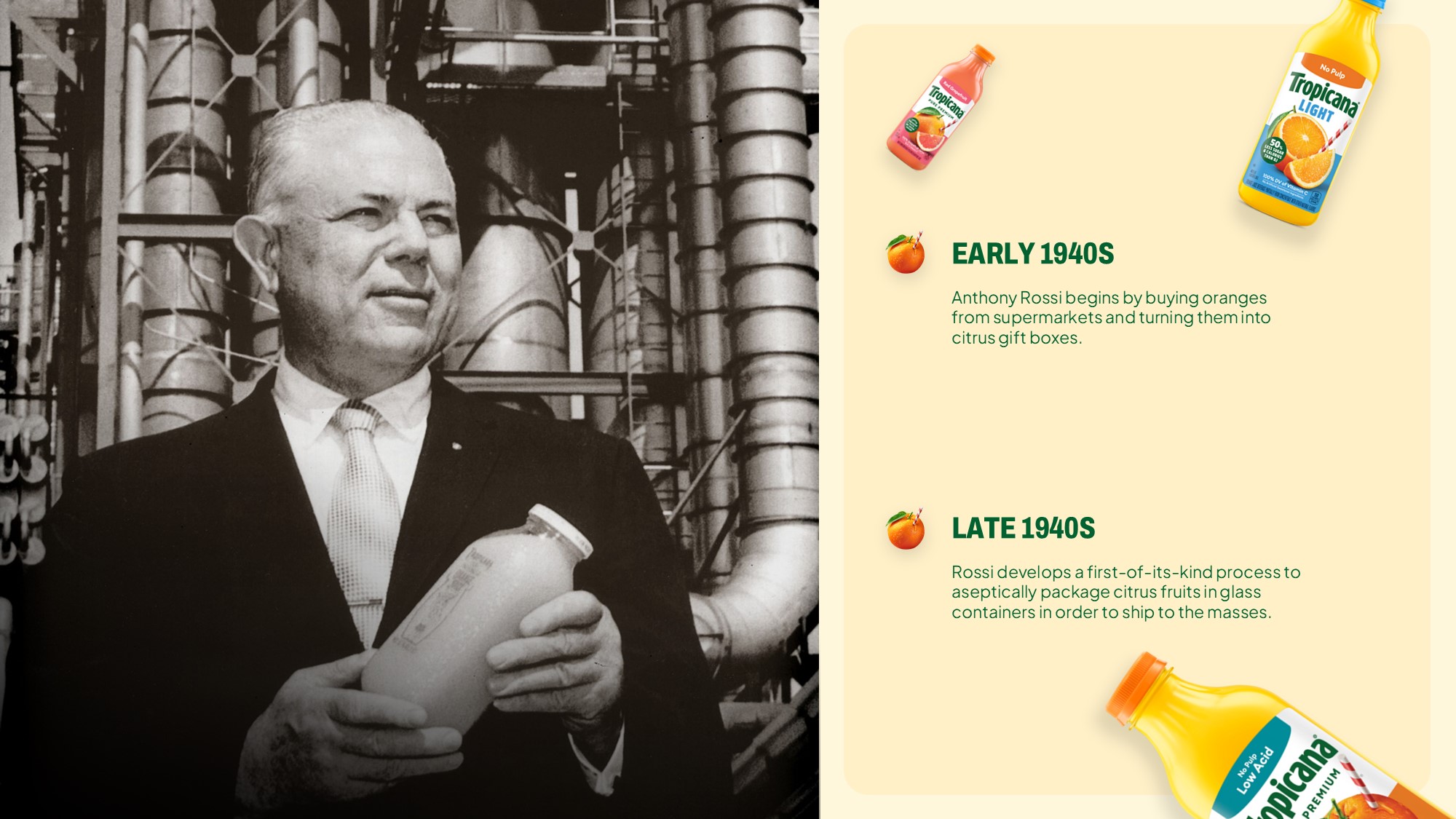 Tropicana History Milestones Template - 1954 pasteurization and 1957 Juice Steamship timeline slide