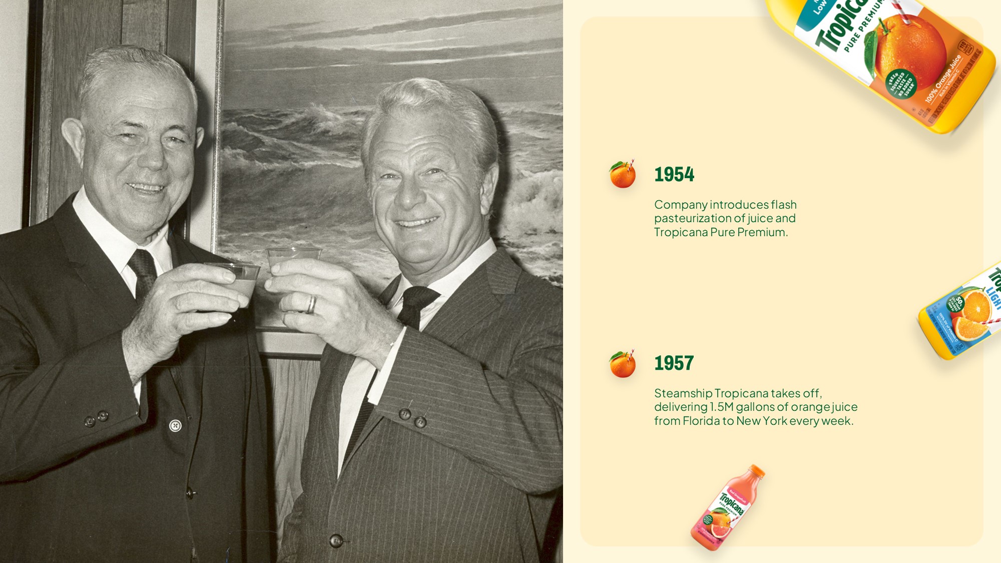 Tropicana Manufacturing Template - 1960s bottling plant photo with international expansion milestones