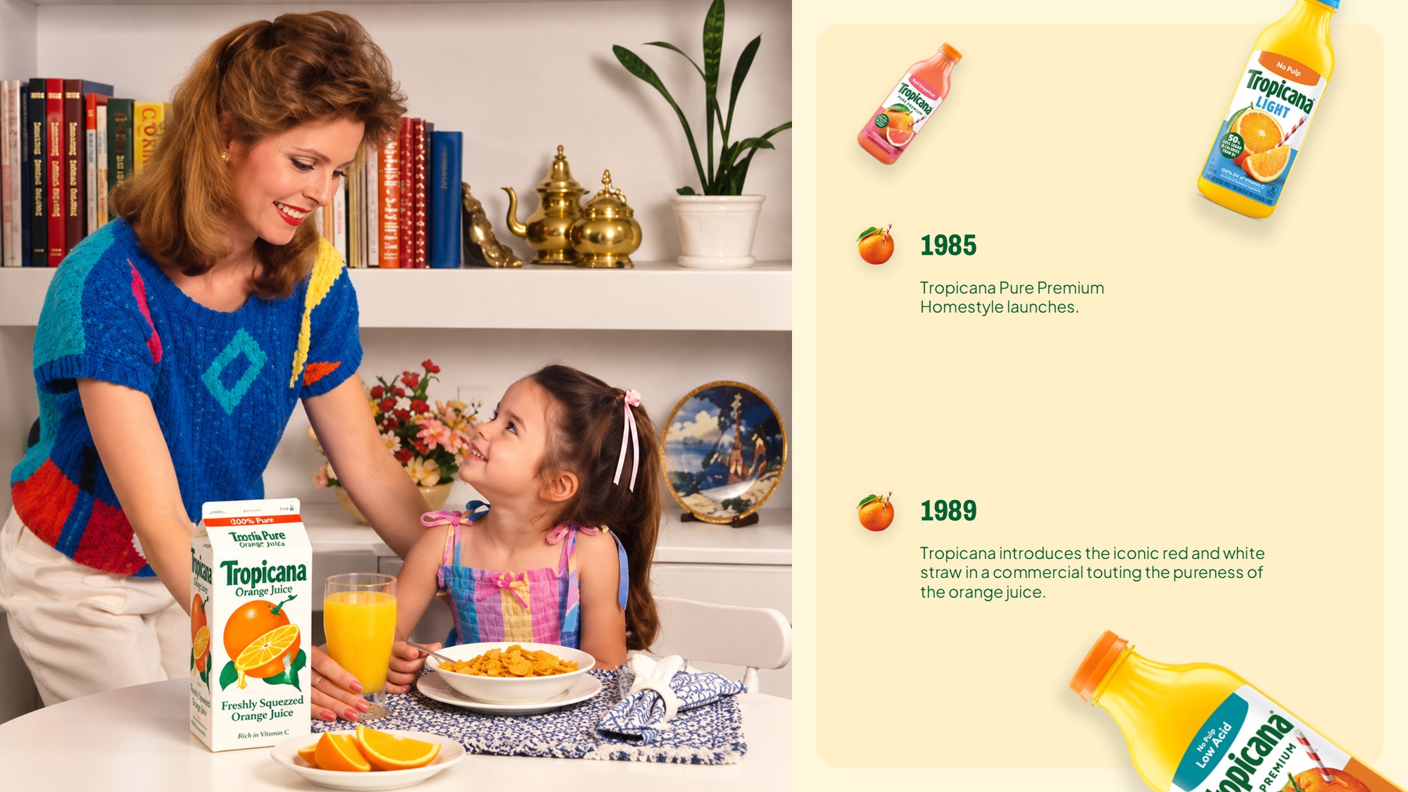Tropicana Production Scale Template - Orange harvest facility photo with 1990s volume milestone stats