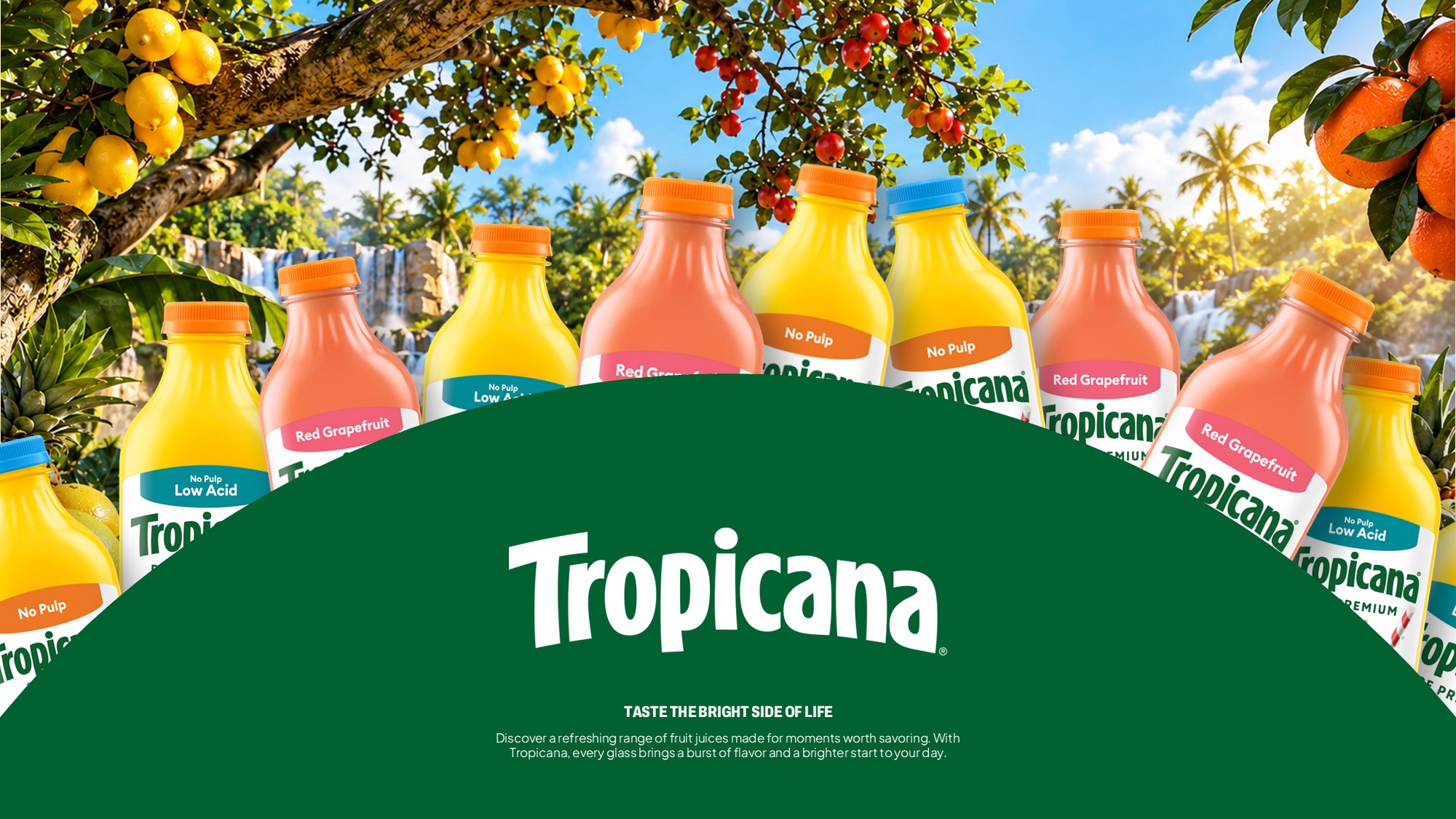 Tropicana Template - Tropical cover slide with product arc, green arch, and paradise backdrop