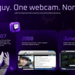 Twitch Founding History Template - three-column timeline with 2007, 2008, 2011 milestones and Justin Kan portrait