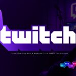 Twitch Google Slides Template - hero title slide with bold wordmark, live chat UI, streamer silhouette, purple gradient