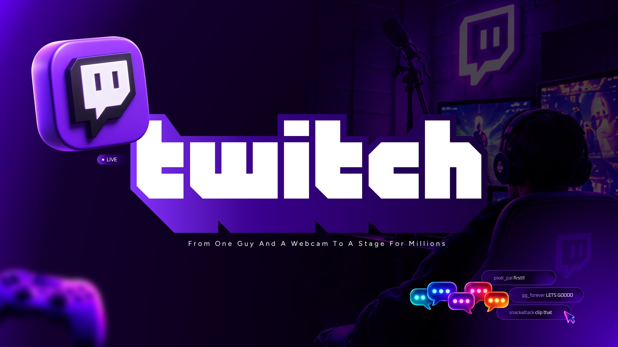 Twitch Google Slides Template - hero title slide with bold wordmark, live chat UI, streamer silhouette, purple gradient