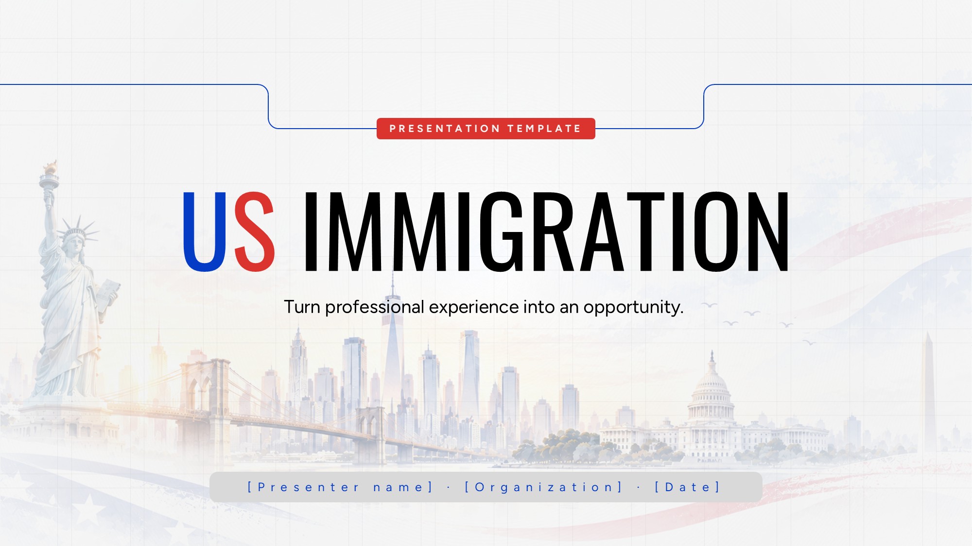 US Immigration Template - 2x3 icon card grid showing six immigration pathway categories