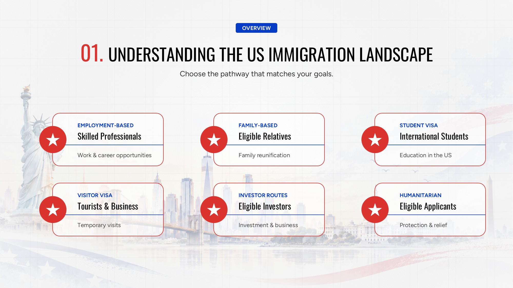 US Immigration Landscape Overview - 6-step zigzag process flow with navy callout banner