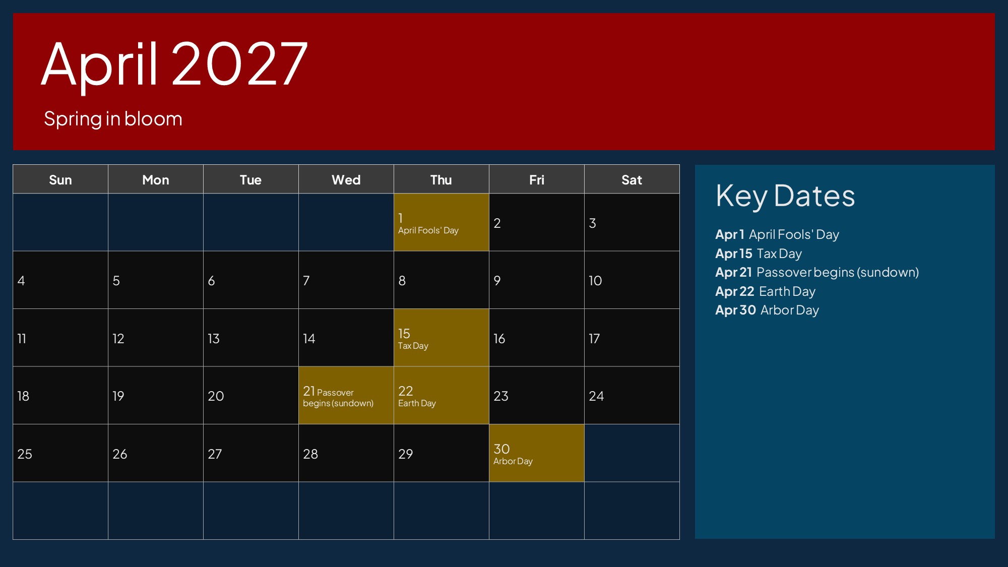 USA Calendar April 2027 - Tax Day, Earth Day, Passover