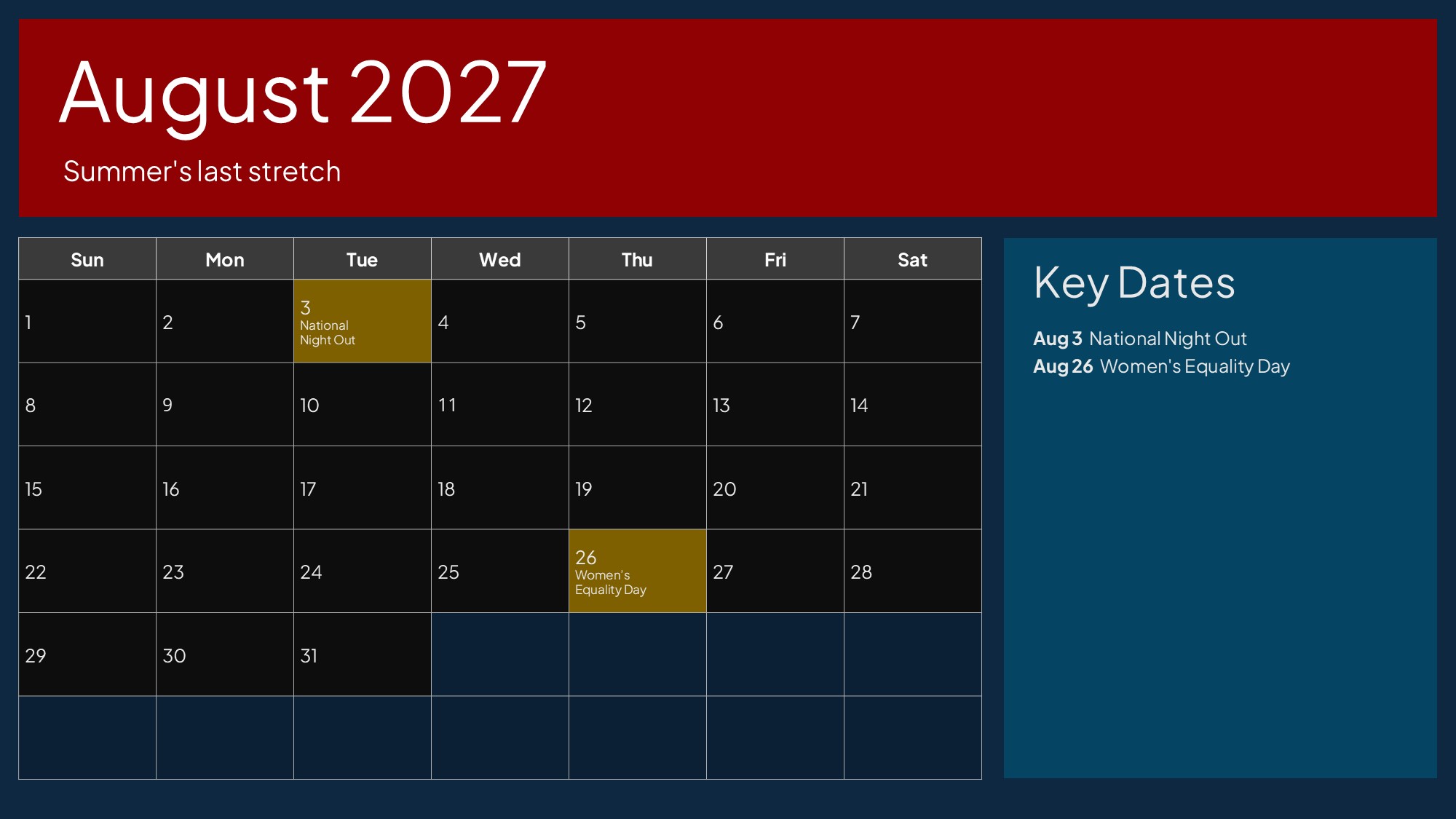 USA Calendar August 2027 - National Night Out, Women's Equality Day