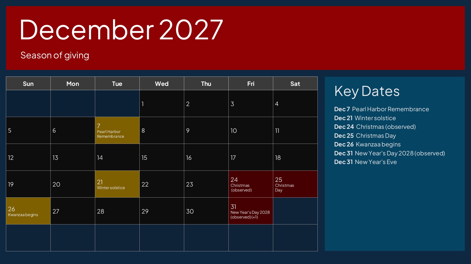 USA Calendar December 2027 - Christmas, Kwanzaa, year-end holidays