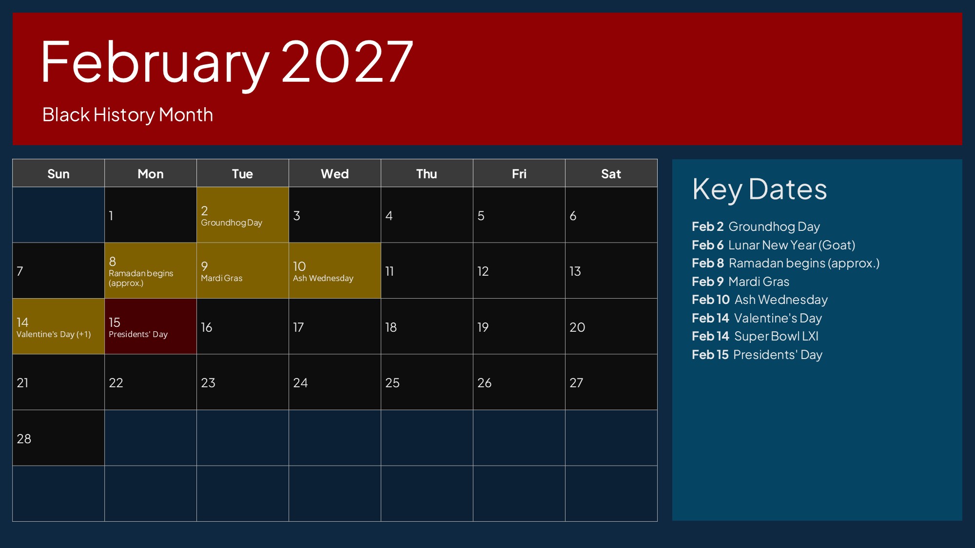 USA Calendar February 2027 - Black History Month