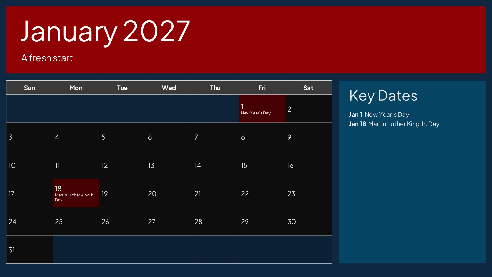 USA Calendar January 2027 - New Year's Day, MLK Day