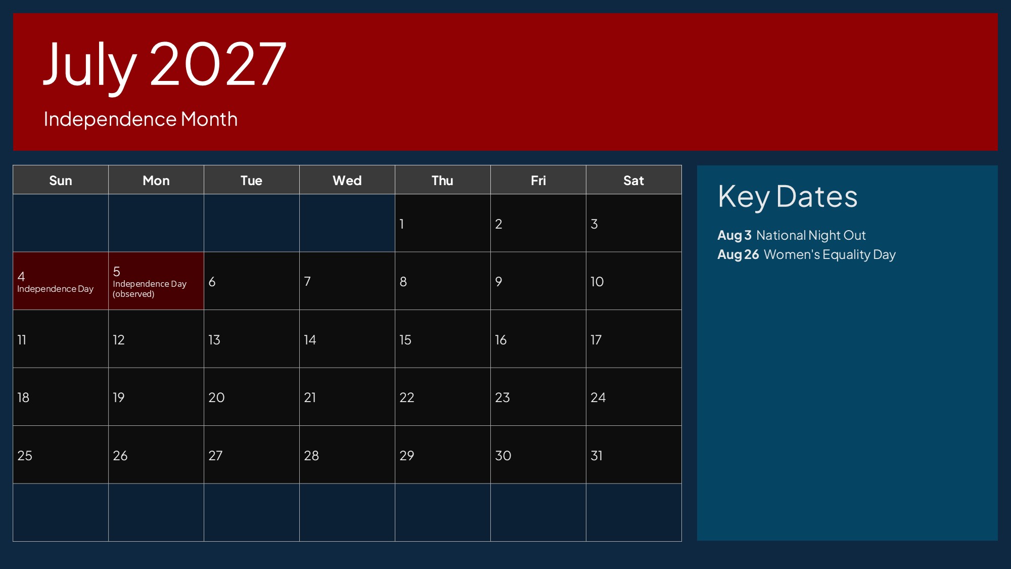USA Calendar July 2027 - Independence Day federal holiday