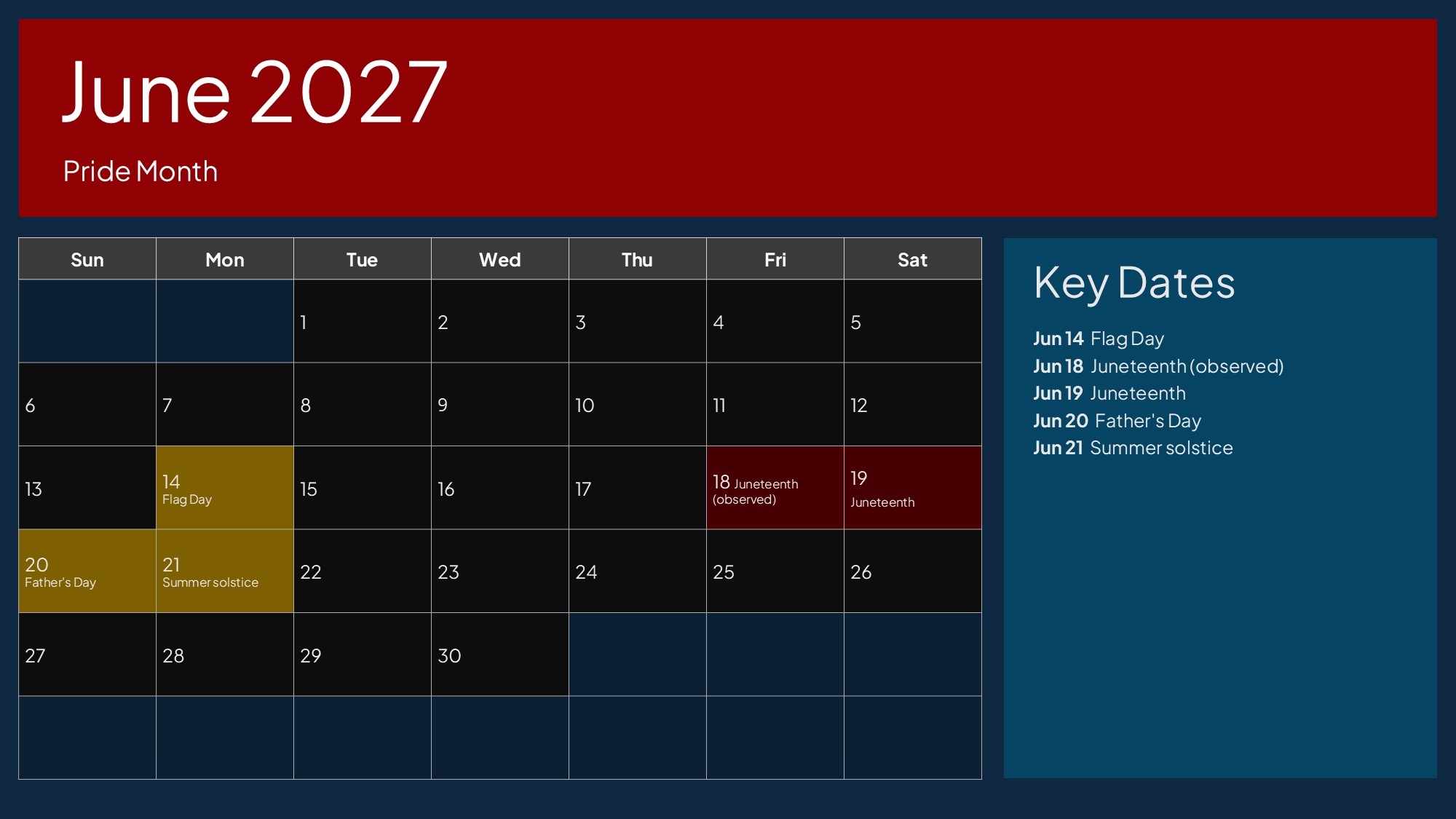 USA Calendar June 2027 - Pride Month, Juneteenth federal holiday