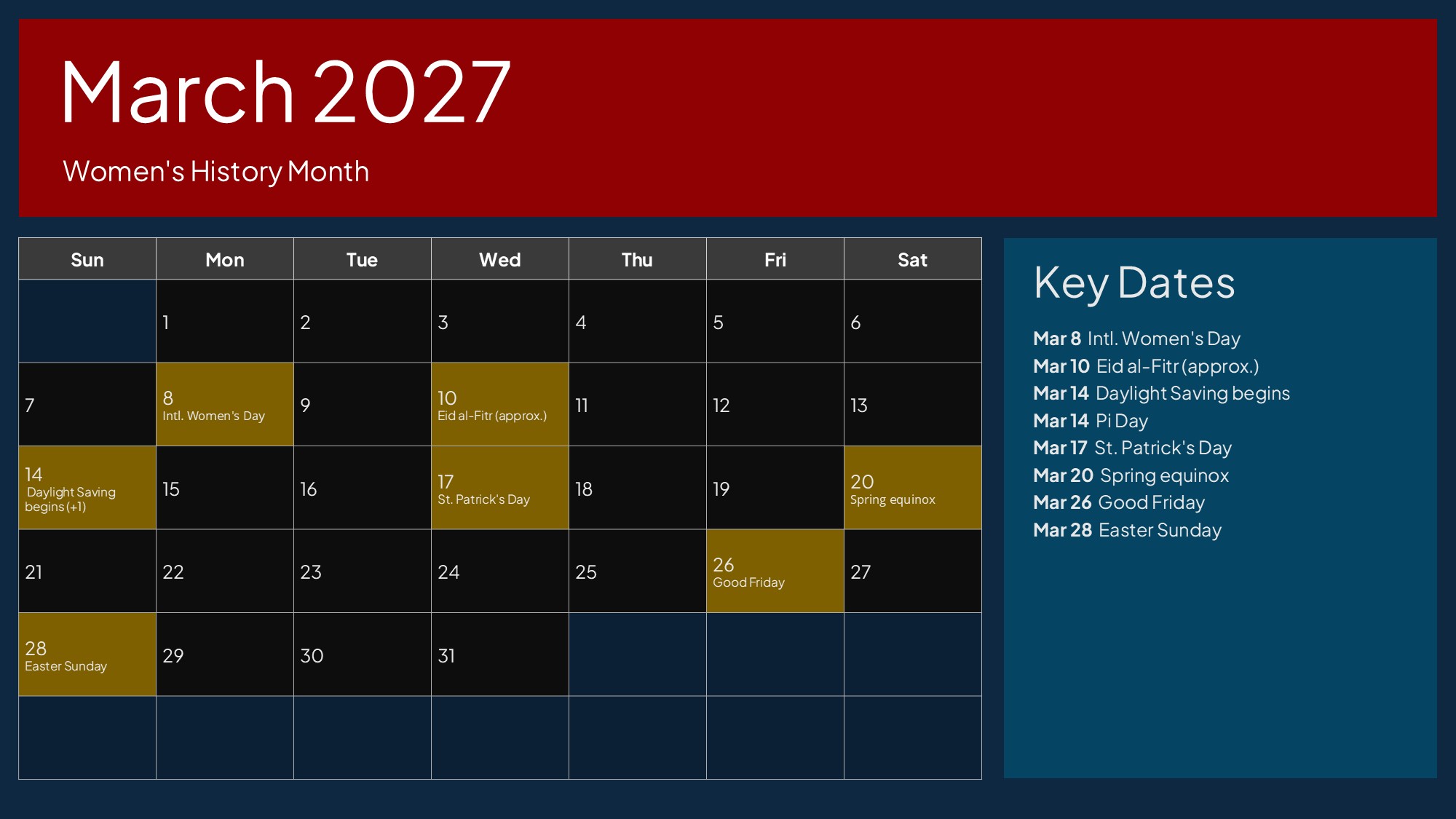 USA Calendar March 2027 - Women's History Month, Easter