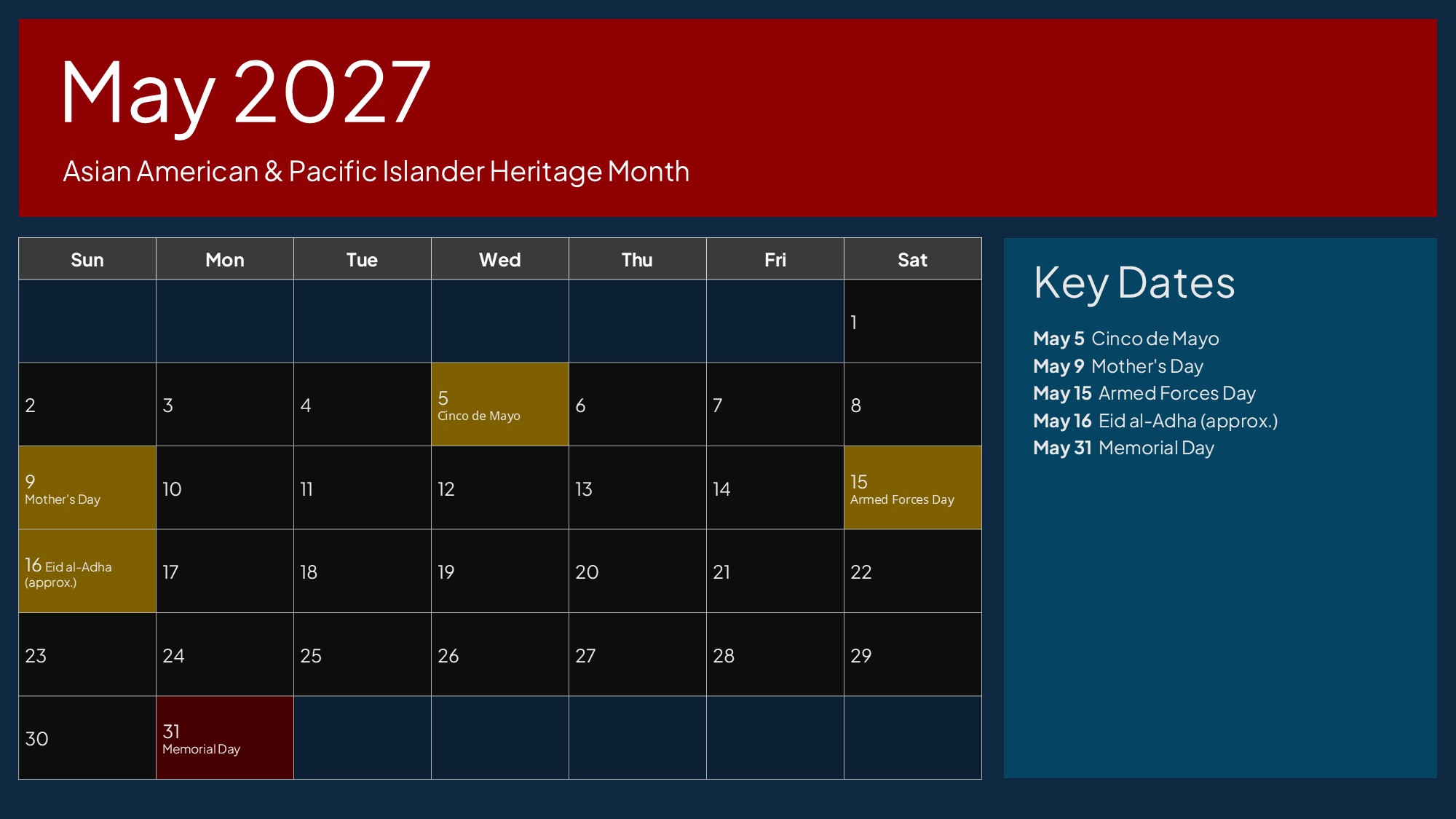 USA Calendar May 2027 - Memorial Day, AAPI Heritage Month